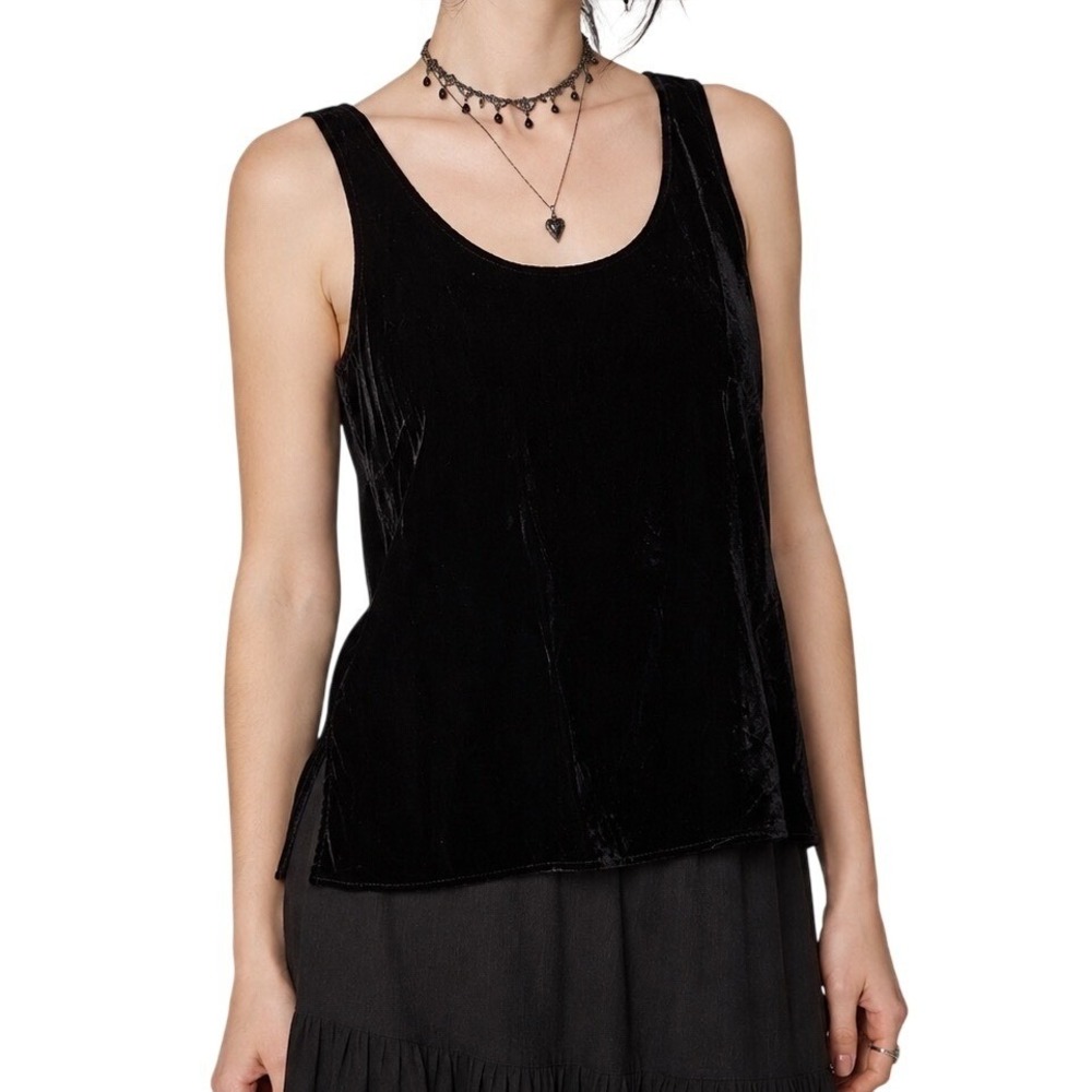 Womens Black Velvet Scoop Neck Tank Top Party Sz Small Silk Blend Y2K Whimsigoth